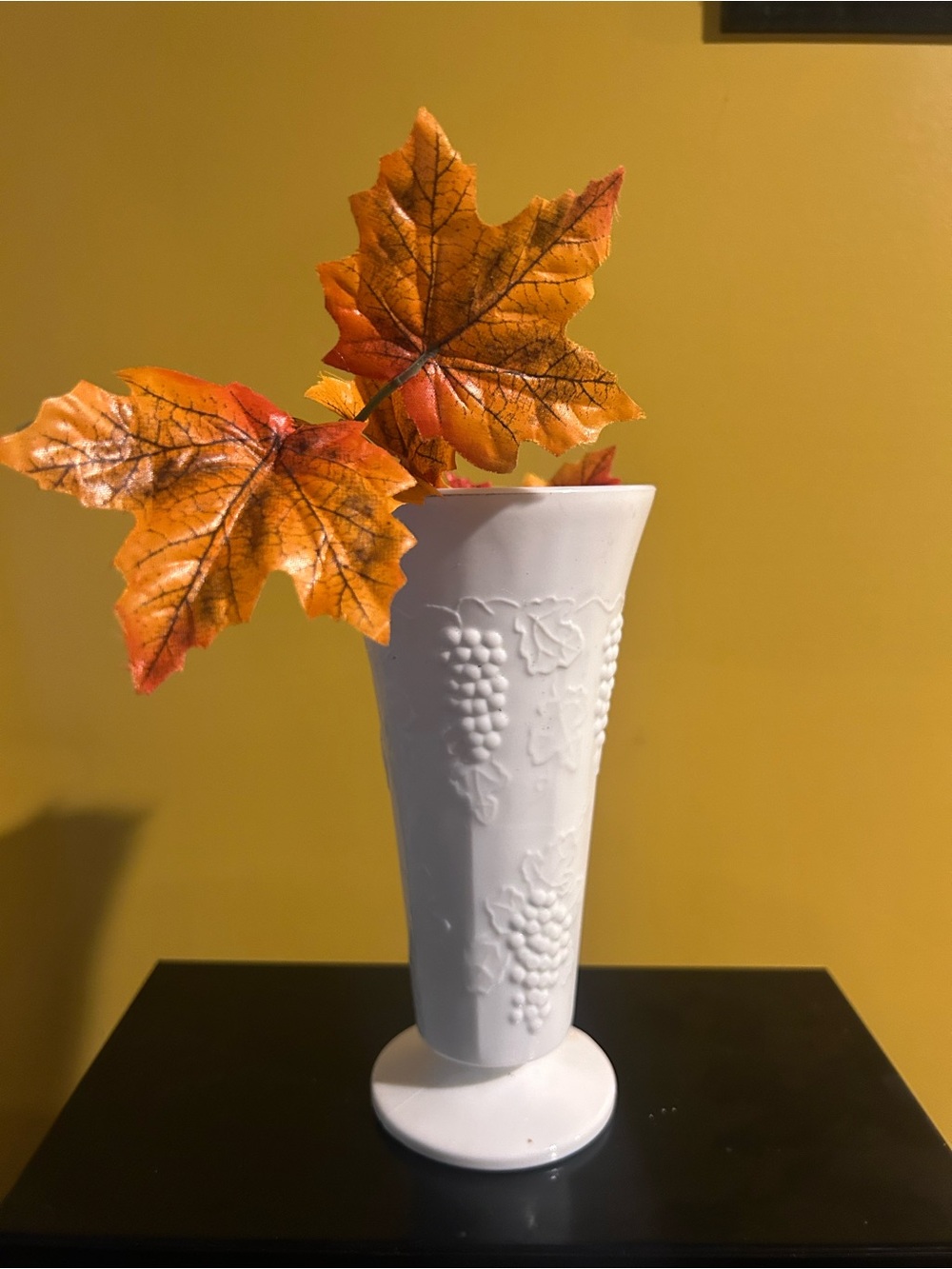 Indiana Glass White Embossed Harvest Grape Pattern pedestal Vase challice